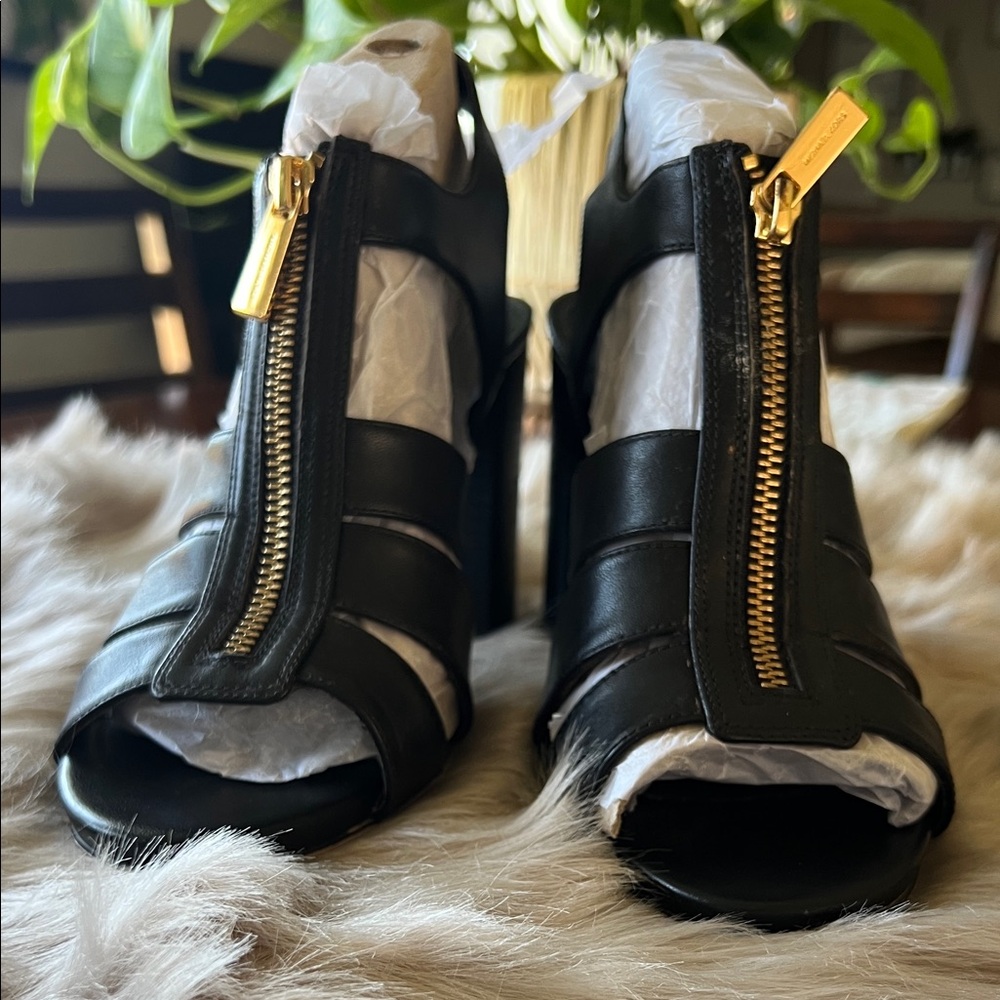 Michael Kors Black Leather Heels with Gold Zipper